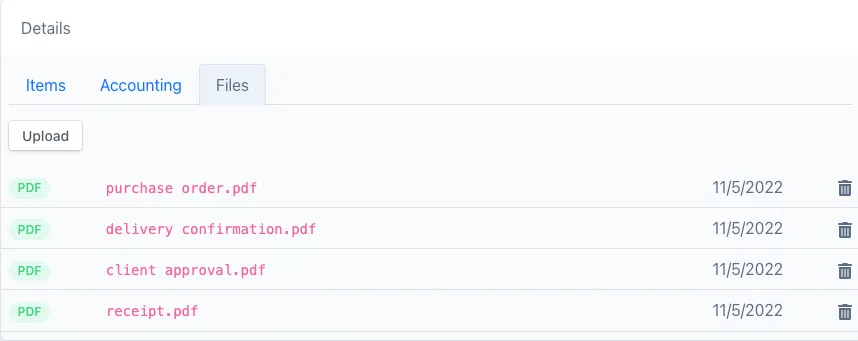 Example transaction with documents uploaded