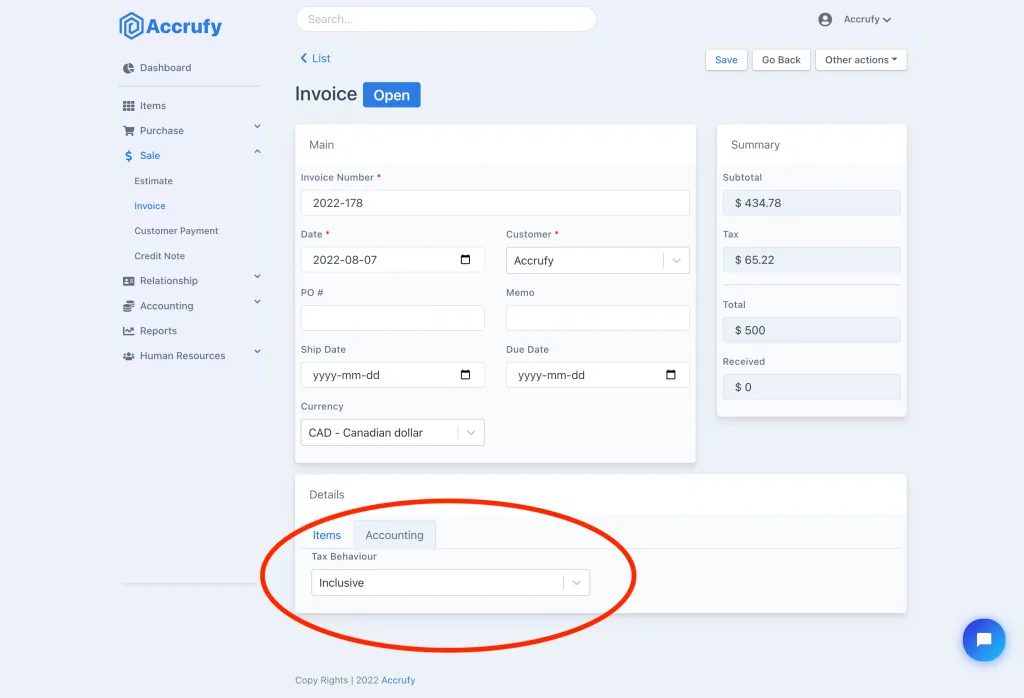 Invoice tax behavior option